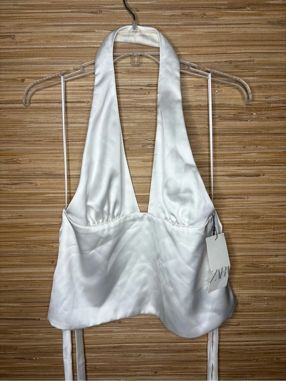 Zara Satin-Effect Tied Halter Top NWT Oyster White Sz M